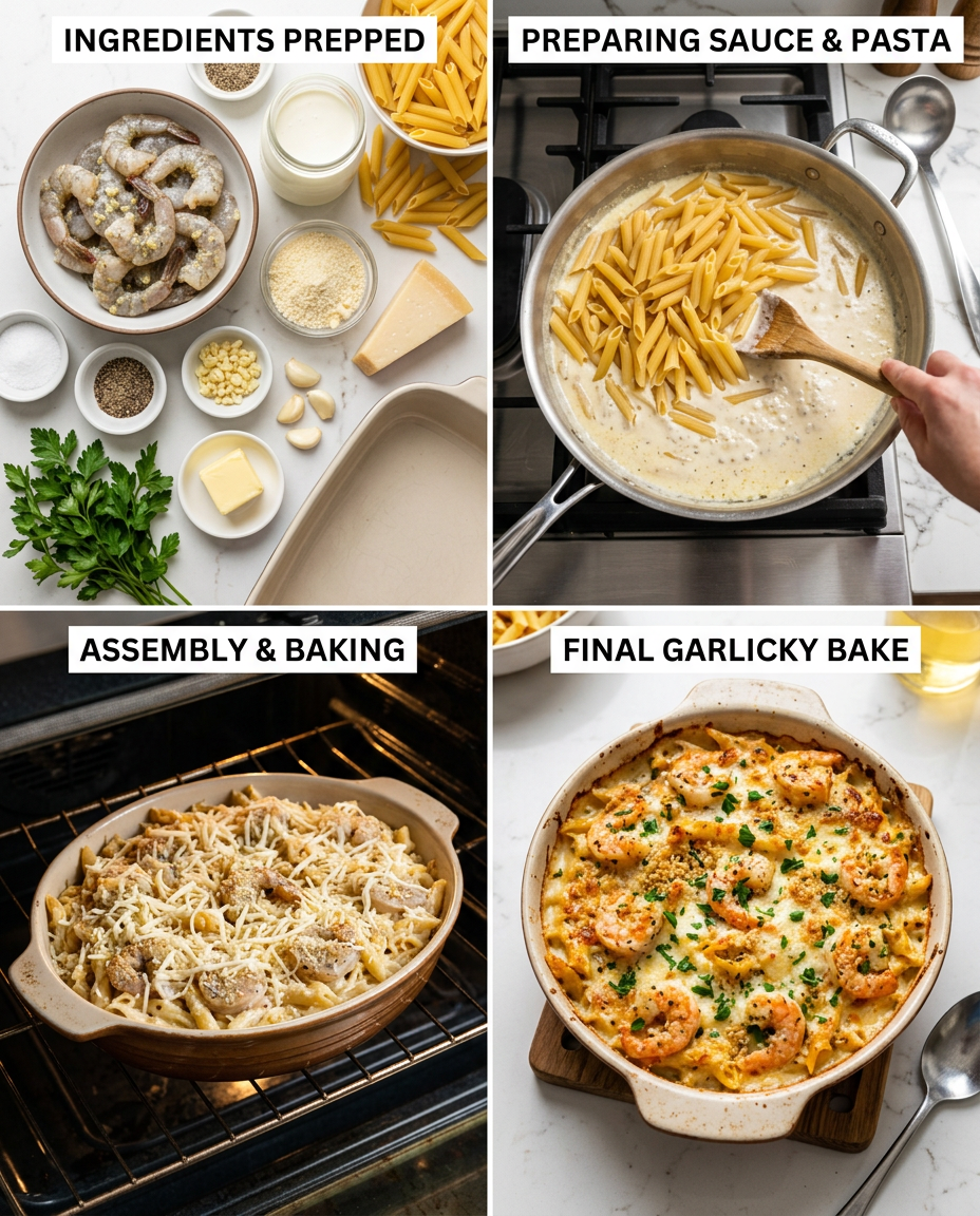 Step by step process for making Garlicky Shrimp Alfredo Bake Recipe - 30-Minute Dinner