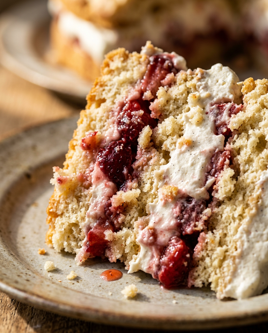 Close-up showing the texture and inside of Easy Strawberry Shortcake Recipe