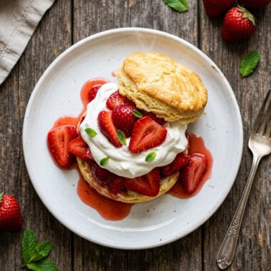 Easy strawberry shortcake with fluffy biscuits, fresh strawberries and whipped cream on rustic plate