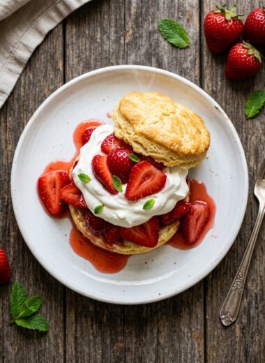 Easy strawberry shortcake with fluffy biscuits, fresh strawberries and whipped cream on rustic plate
