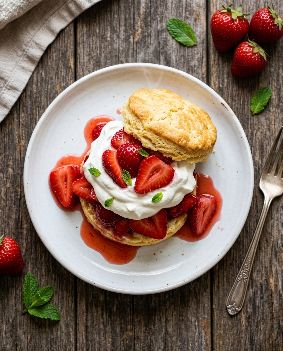 Easy strawberry shortcake with fluffy biscuits, fresh strawberries and whipped cream on rustic plate
