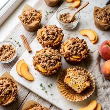 Fresh peach crumble muffins with golden streusel topping on marble surface showing tender texture