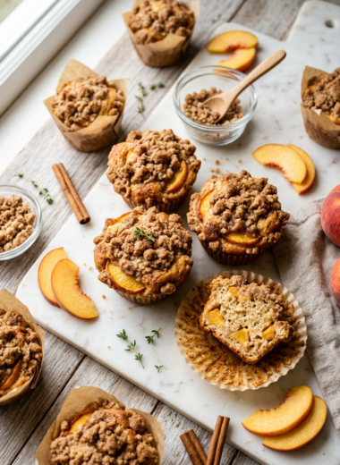 Fresh peach crumble muffins with golden streusel topping on marble surface showing tender texture