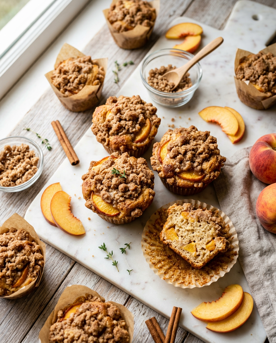 Fresh peach crumble muffins with golden streusel topping on marble surface showing tender texture