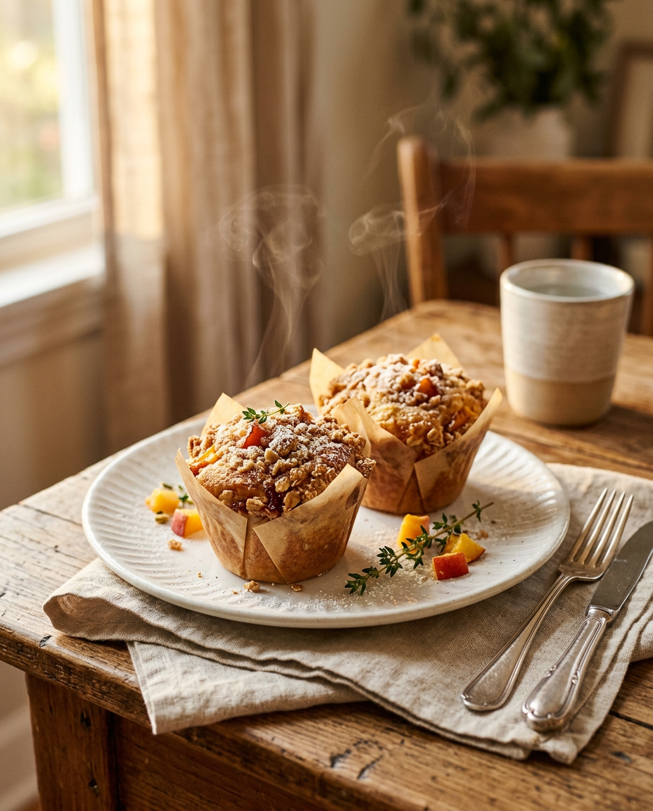 Fresh Peach Crumble Muffins served on a plate ready to eat