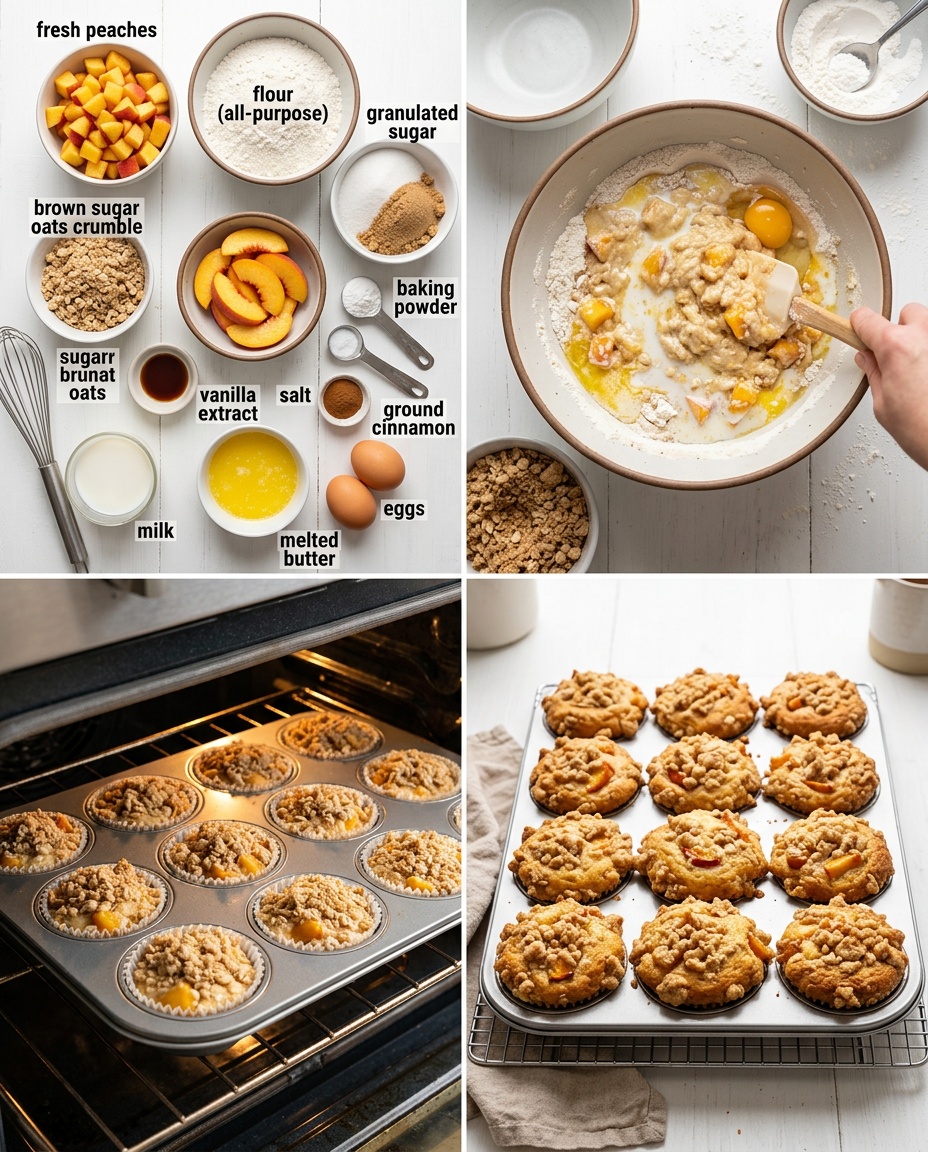 Step by step process for making Fresh Peach Crumble Muffins