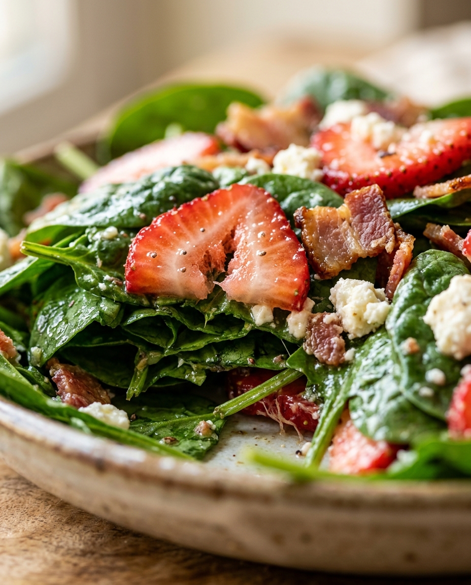 Close-up showing the texture and inside of Fresh Spinach Salad with Bacon and Strawberries