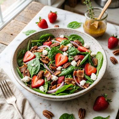 Fresh spinach salad with bacon, strawberries, and goat cheese in white ceramic bowl on marble surface