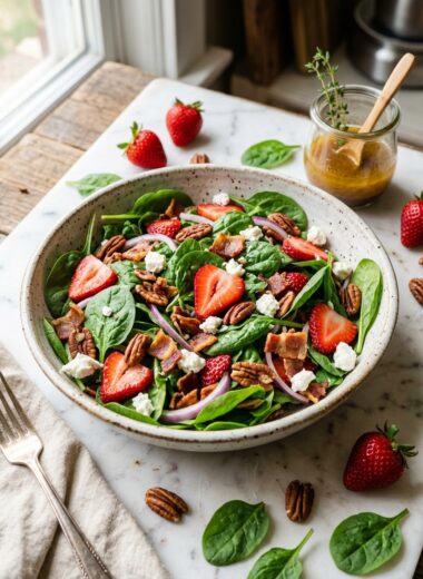 Fresh spinach salad with bacon, strawberries, and goat cheese in white ceramic bowl on marble surface