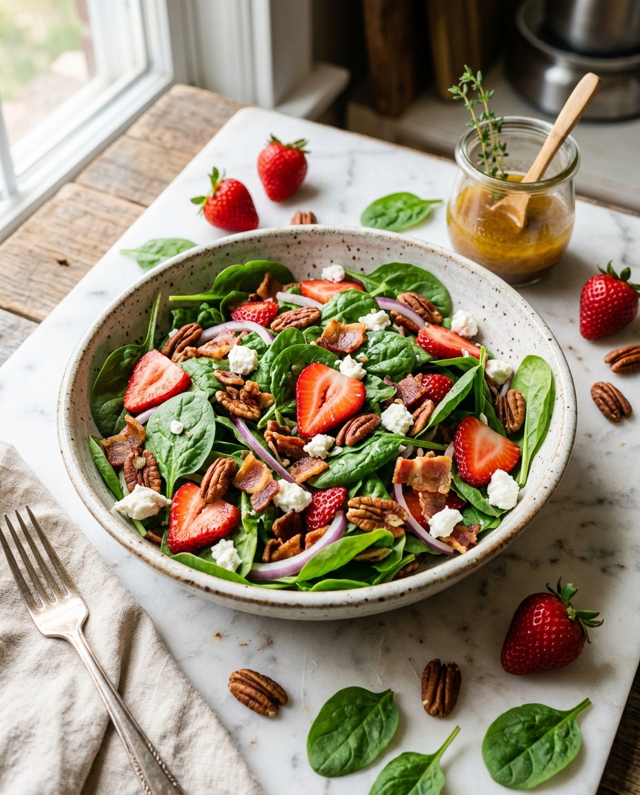 Fresh spinach salad with bacon, strawberries, and goat cheese in white ceramic bowl on marble surface