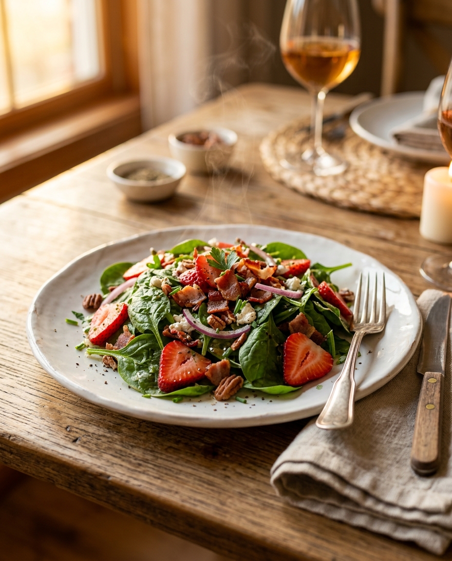 Fresh Spinach Salad with Bacon and Strawberries served on a plate ready to eat