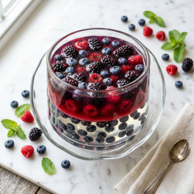 Layered gelatin dessert with clear layers and suspended berries showing gelatin trick recipe technique