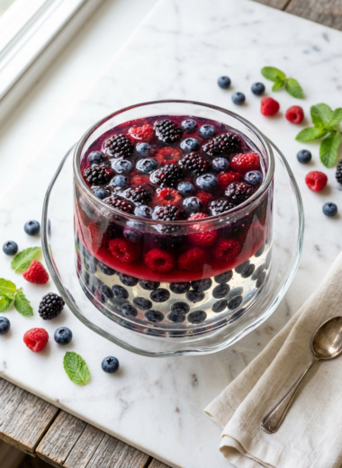 Layered gelatin dessert with clear layers and suspended berries showing gelatin trick recipe technique