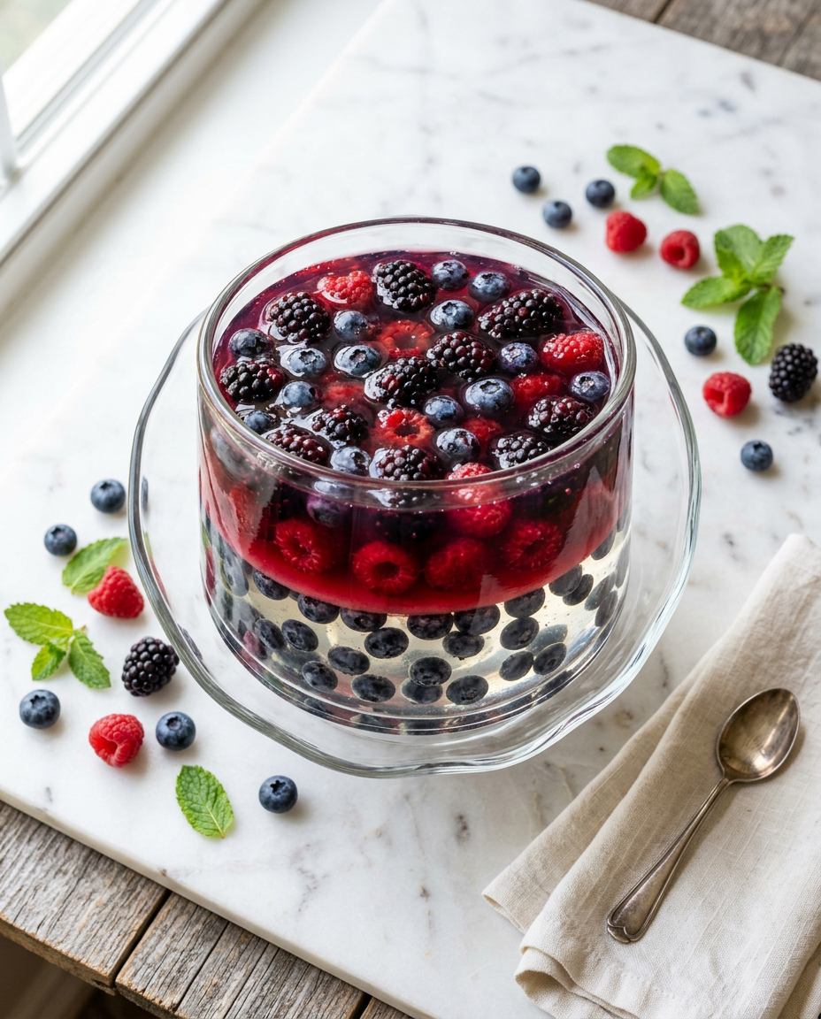 Layered gelatin dessert with clear layers and suspended berries showing gelatin trick recipe technique