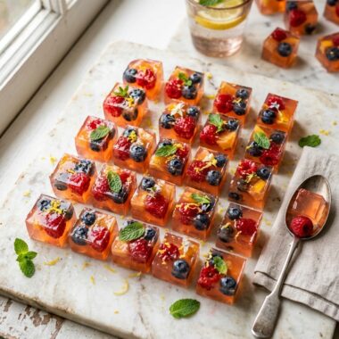 Healthy gelatin weight loss recipe squares with mixed berries on marble surface