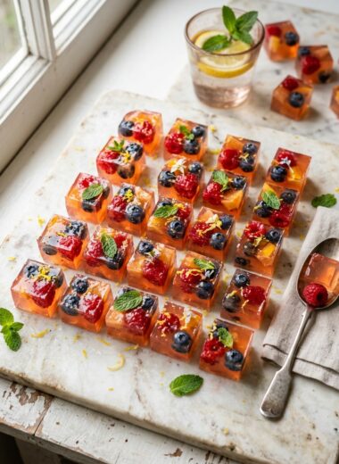 Healthy gelatin weight loss recipe squares with mixed berries on marble surface