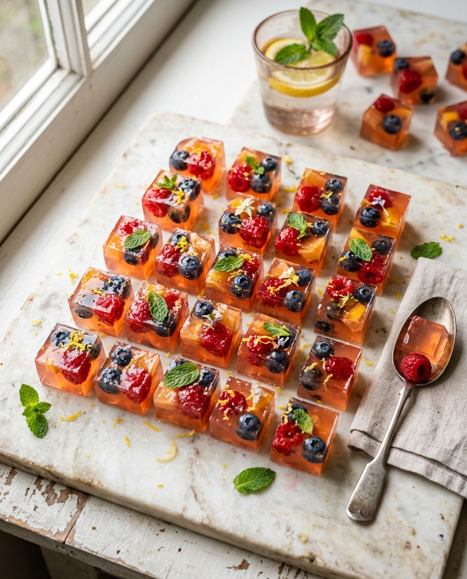 Healthy gelatin weight loss recipe squares with mixed berries on marble surface