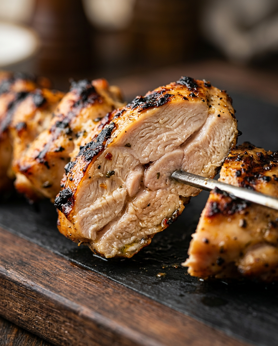 Close-up showing the texture and inside of Perfect Grilled Chicken Skewers Recipe