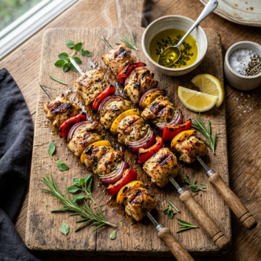 Grilled chicken skewers with peppers and onions on wooden board showing perfect grill marks