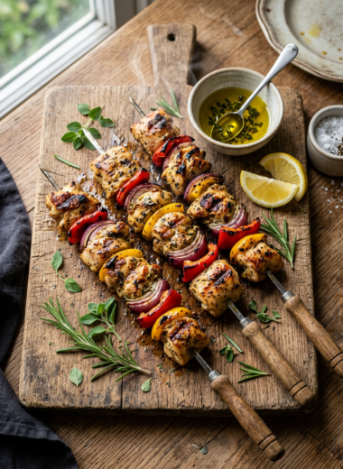 Grilled chicken skewers with peppers and onions on wooden board showing perfect grill marks