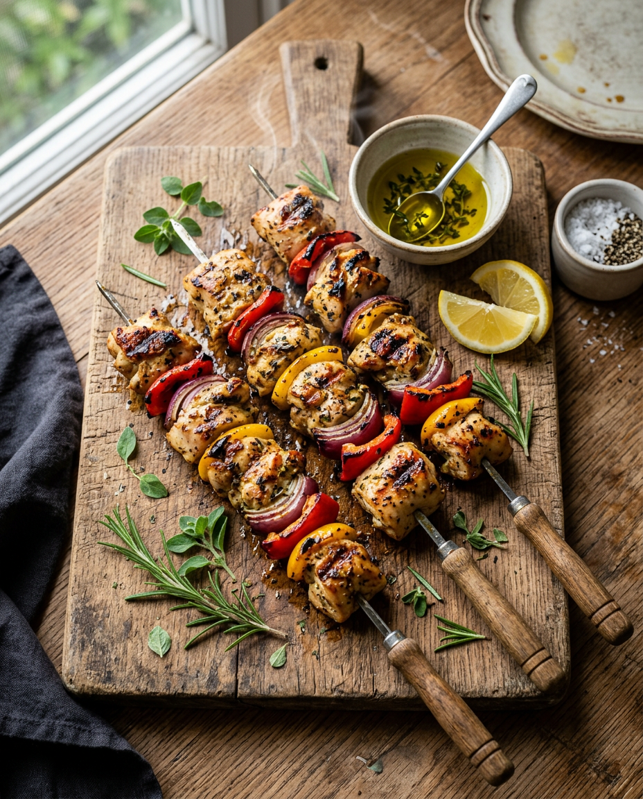Grilled chicken skewers with peppers and onions on wooden board showing perfect grill marks