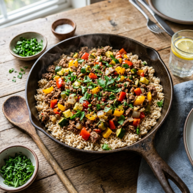 Healthy ground beef skillet dinner with colorful vegetables and brown rice - quick family meal recipe