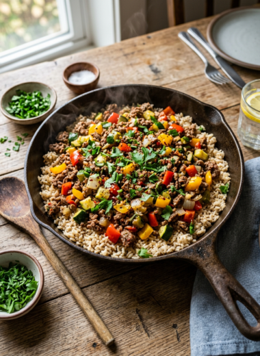 Healthy ground beef skillet dinner with colorful vegetables and brown rice - quick family meal recipe