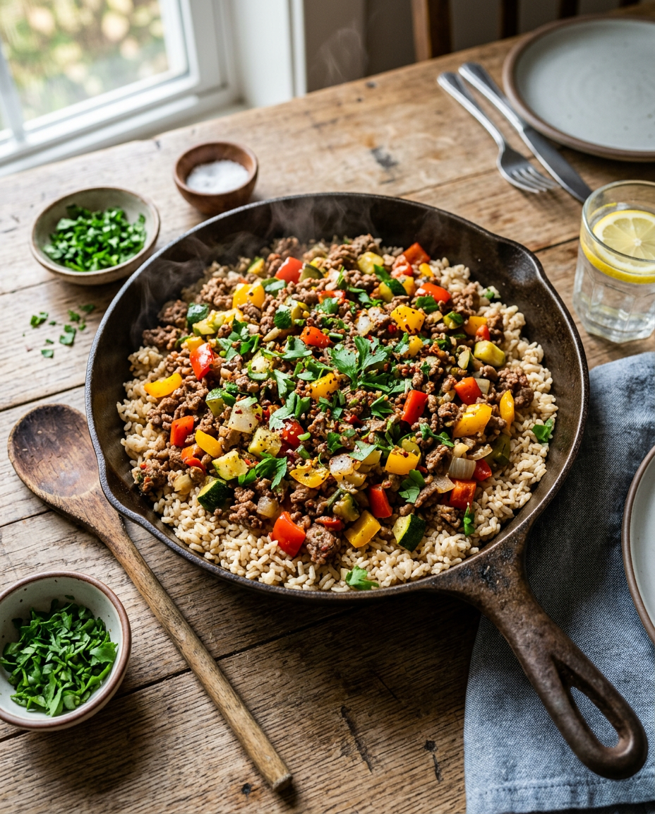 Healthy ground beef skillet dinner with colorful vegetables and brown rice - quick family meal recipe