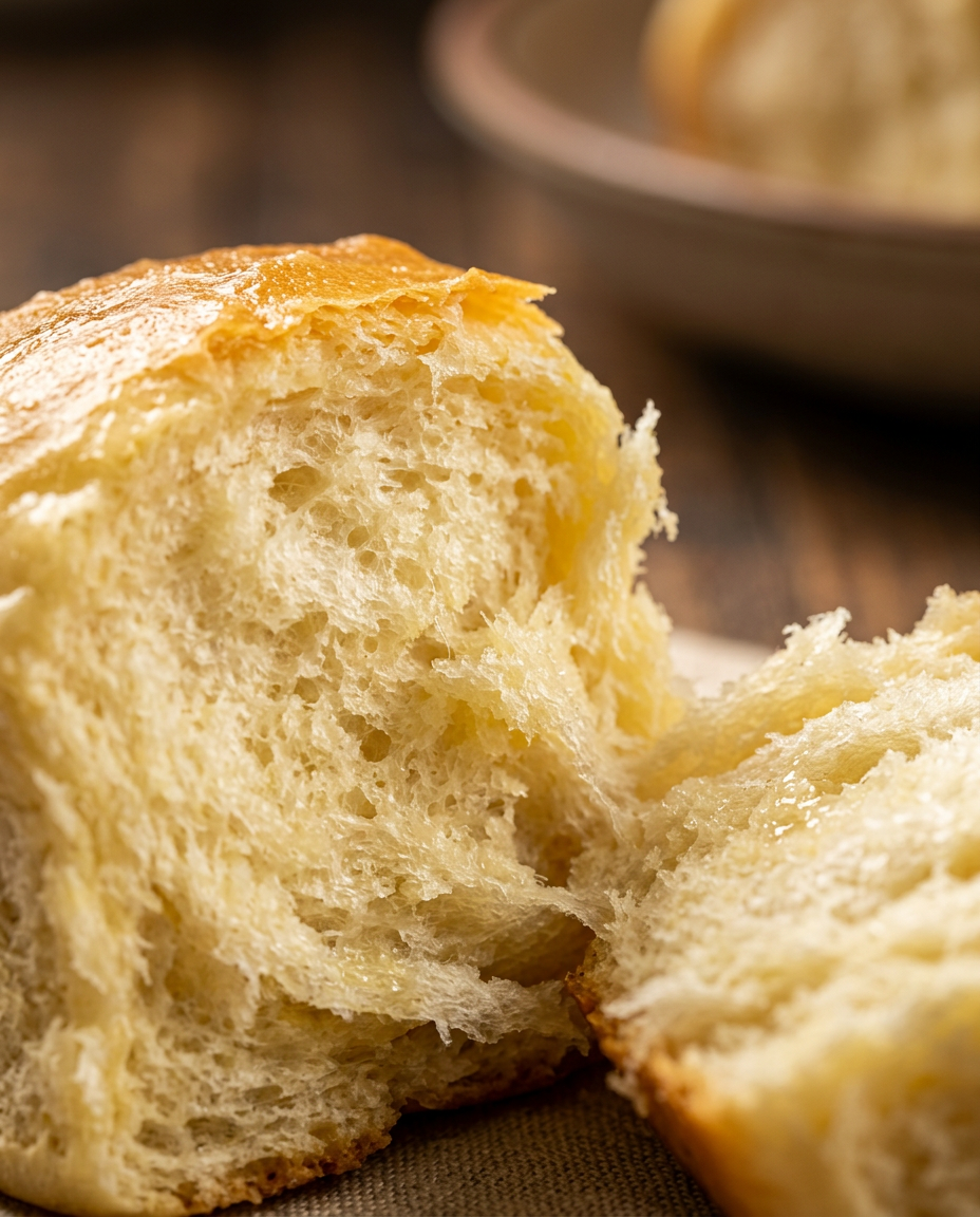 Close-up showing the texture and inside of Easy Hawaiian Rolls Recipe