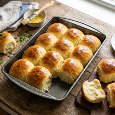 Golden homemade Hawaiian rolls in baking pan showing fluffy texture and buttery glaze