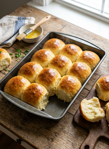 Golden homemade Hawaiian rolls in baking pan showing fluffy texture and buttery glaze