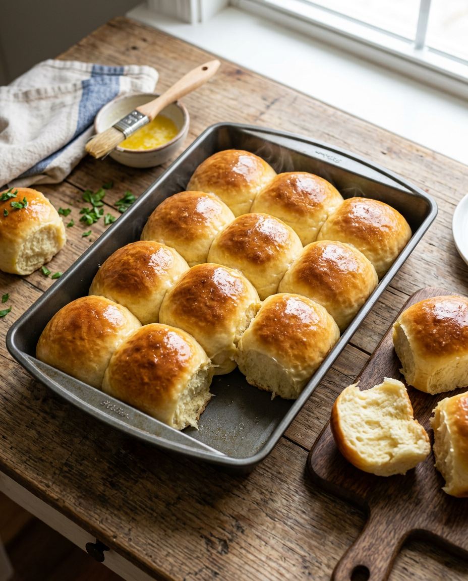 Golden homemade Hawaiian rolls in baking pan showing fluffy texture and buttery glaze