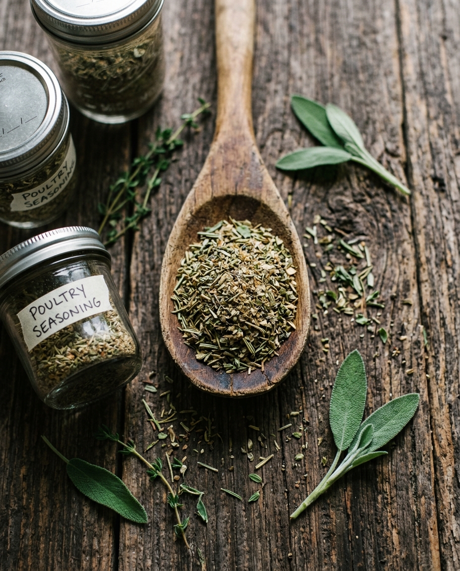 Homemade poultry seasoning recipe blend of herbs in wooden spoon with mason jars