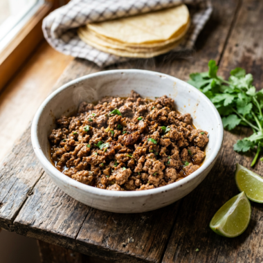 Homemade ground beef taco meat in white bowl with fresh cilantro and lime on rustic wood surface