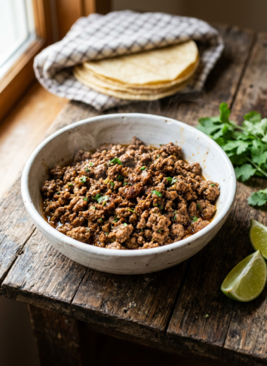 Homemade ground beef taco meat in white bowl with fresh cilantro and lime on rustic wood surface