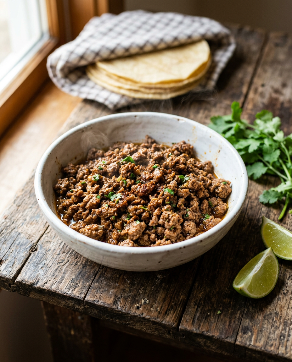 Homemade ground beef taco meat in white bowl with fresh cilantro and lime on rustic wood surface