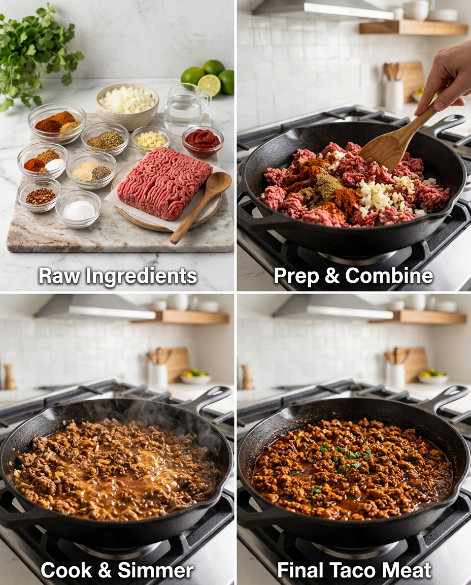 Step by step process for making Best Homemade Taco Meat Recipe With Ground Beef