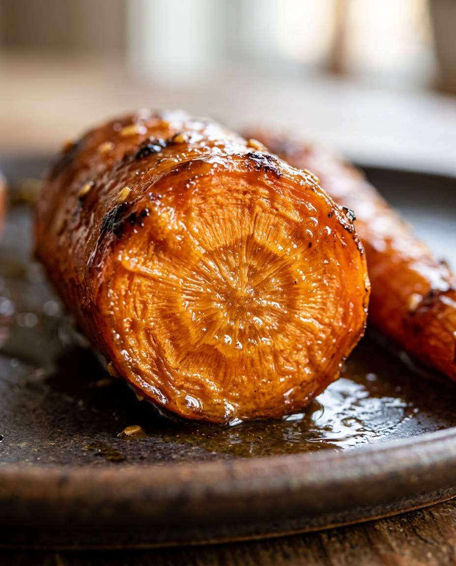 Close-up showing the texture and inside of Perfect Honey Glazed Carrots Recipe