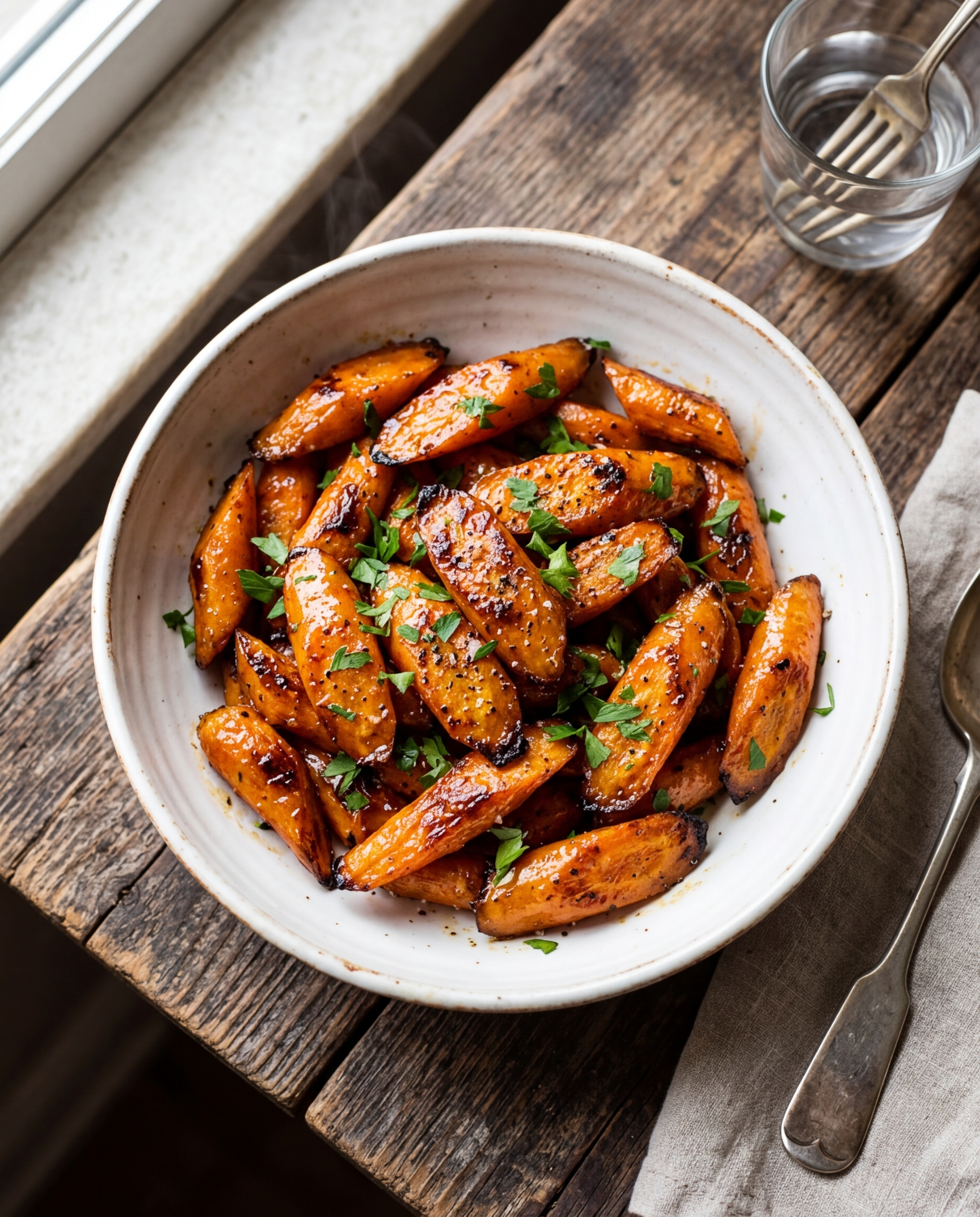 Honey glazed carrots in white bowl with golden glaze and fresh parsley garnish