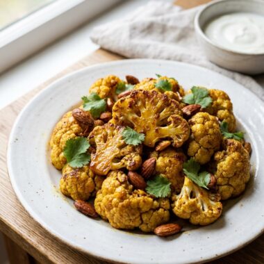 Golden-brown honey curry roasted cauliflower florets with toasted almonds on a white plate