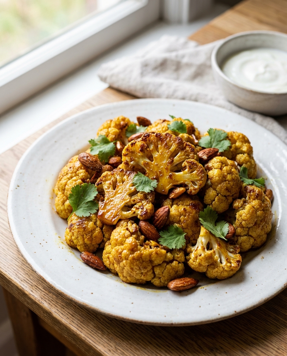 Golden-brown honey curry roasted cauliflower florets with toasted almonds on a white plate