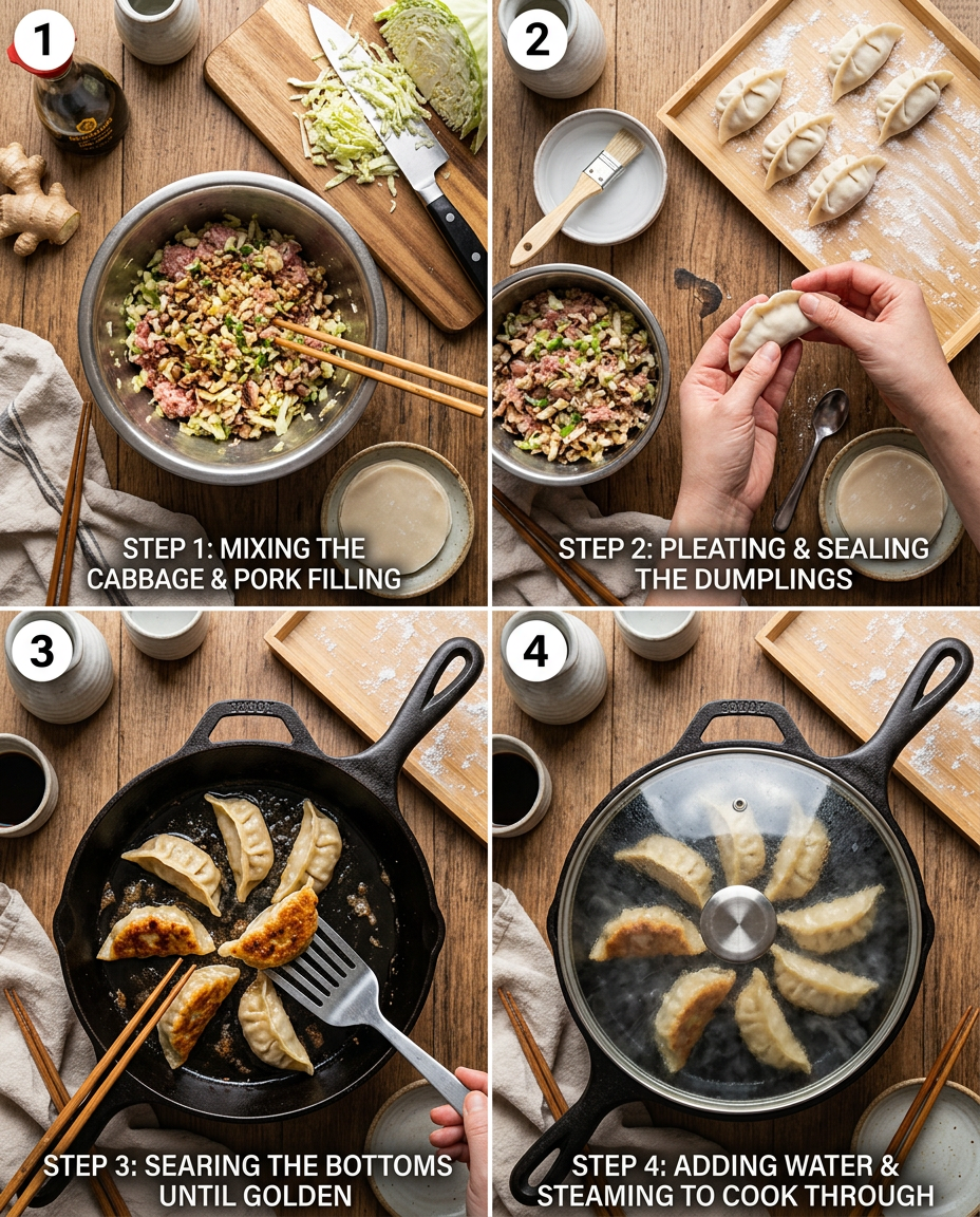 Cabbage Dumplings (Gyoza Style) - cooking process steps