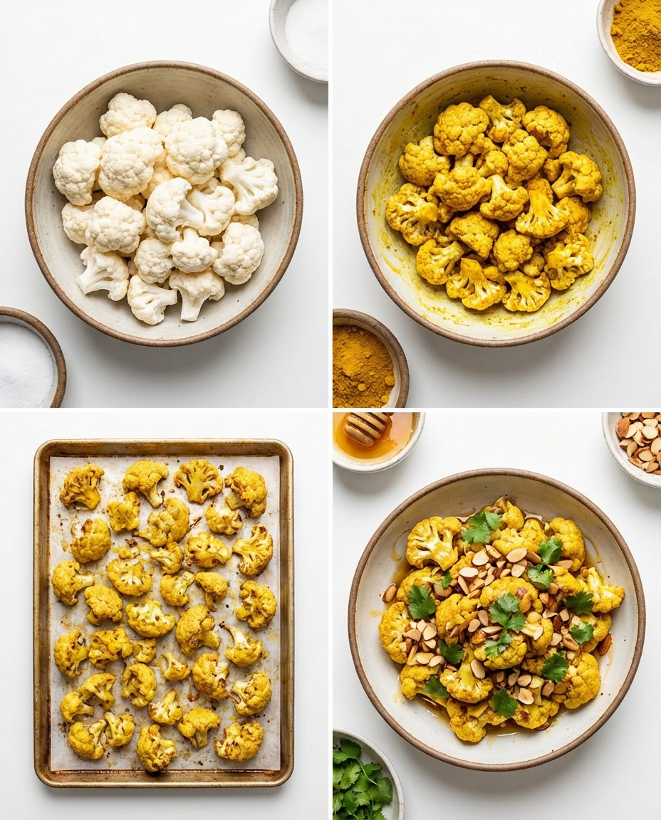 Step-by-step cooking process for honey curry roasted cauliflower