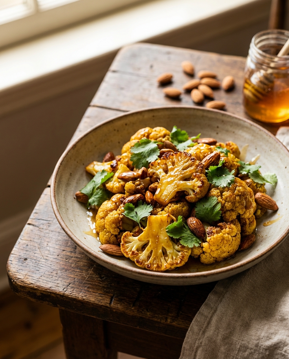 Honey curry roasted cauliflower in a rustic ceramic bowl garnished with fresh cilantro