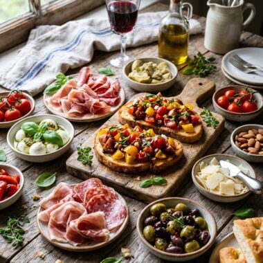 Italian appetizers spread with bruschetta, prosciutto, mozzarella and antipasto selection
