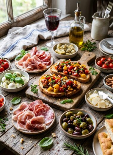 Italian appetizers spread with bruschetta, prosciutto, mozzarella and antipasto selection