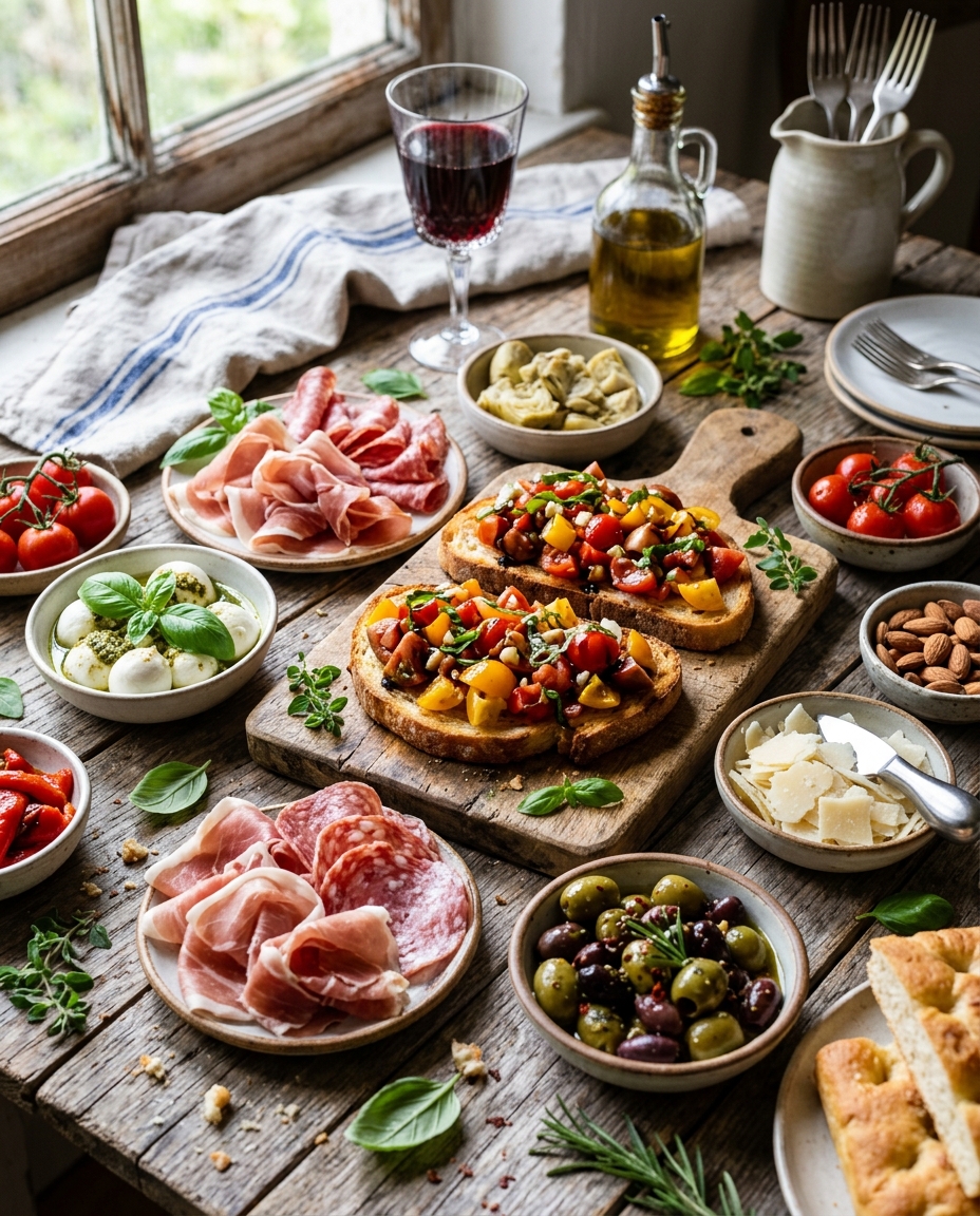 Italian appetizers spread with bruschetta, prosciutto, mozzarella and antipasto selection