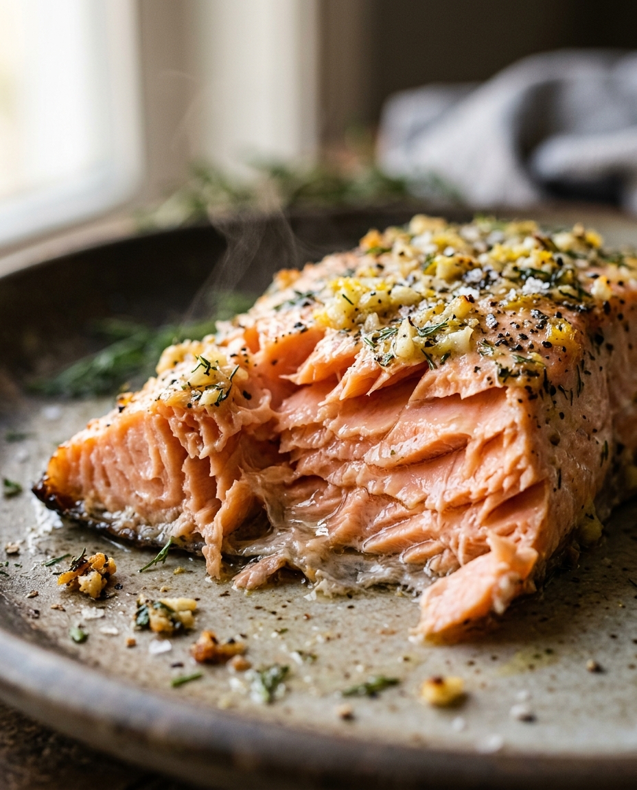 Close-up showing the texture and inside of Lemon Garlic Salmon Recipe