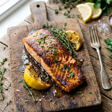 Golden seared lemon garlic salmon fillet with butter sauce and fresh herbs on wooden board