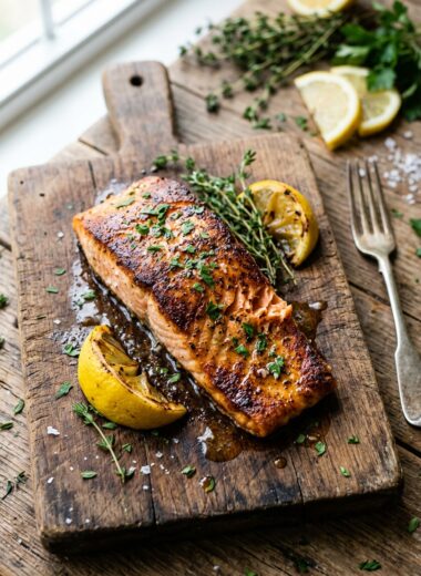 Golden seared lemon garlic salmon fillet with butter sauce and fresh herbs on wooden board